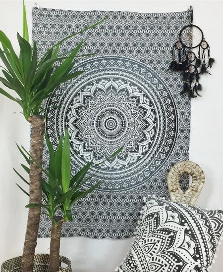 Grey & Black Goddess Ombre Mandala Tapestry, Floral Wall Hanging Bedspread